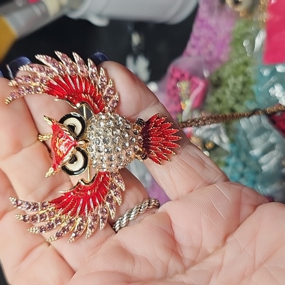 Betsey Johnson Red and Gold Rhinestone Owl Pendant & Brooch - Picture 3 of 3